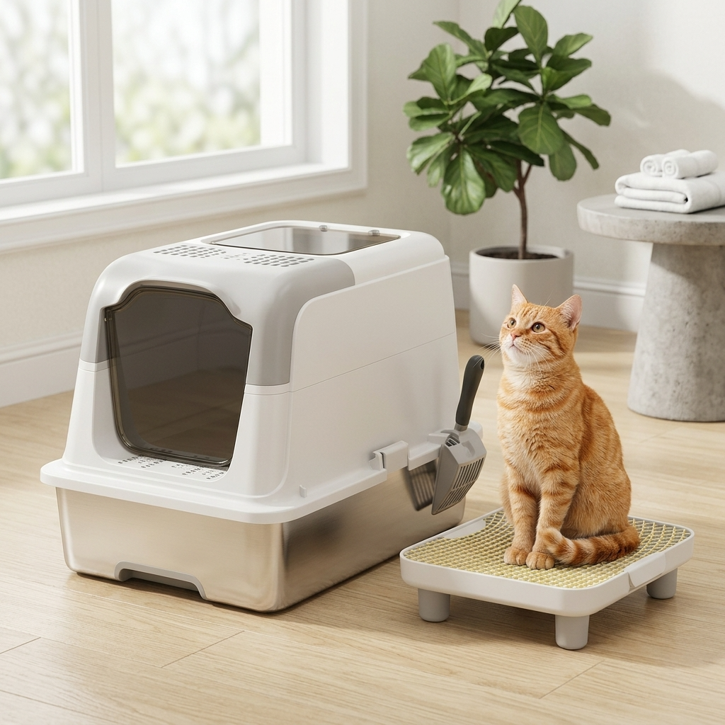 XL Stainless Steel Cat Litter Box Enclosed Odor Control + Deodorizer