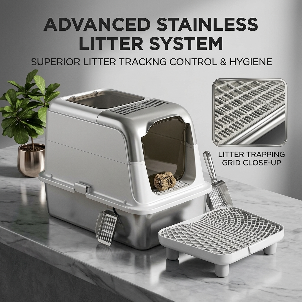 XL Stainless Steel Cat Litter Box Enclosed Odor Control + Deodorizer