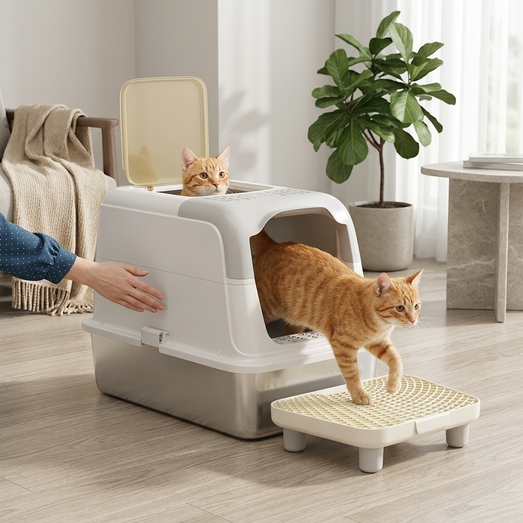 XL Stainless Steel Cat Litter Box Enclosed Odor Control + Deodorizer