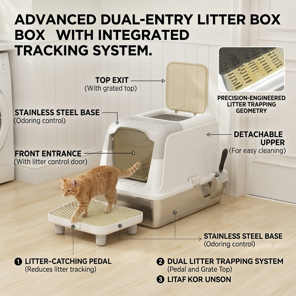 XL Stainless Steel Cat Litter Box Enclosed Odor Control + Deodorizer